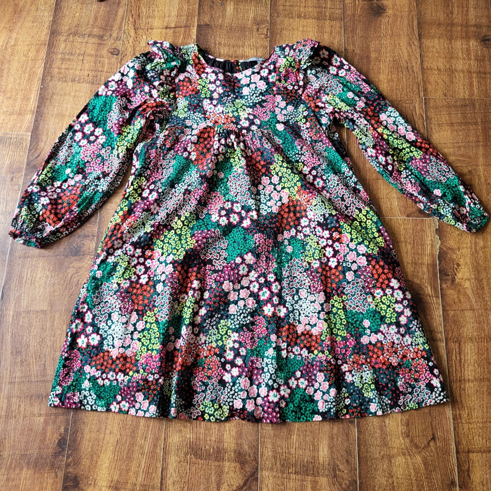 Oliver Bonas, lined smock swing dress, puff sleeve, ruffle detail 8 fits 12/14