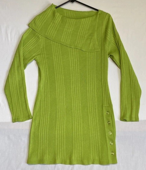Ashley Stewart Green Ribbed Dress 14/16 Fold Over Collar Side Slit Stretchy