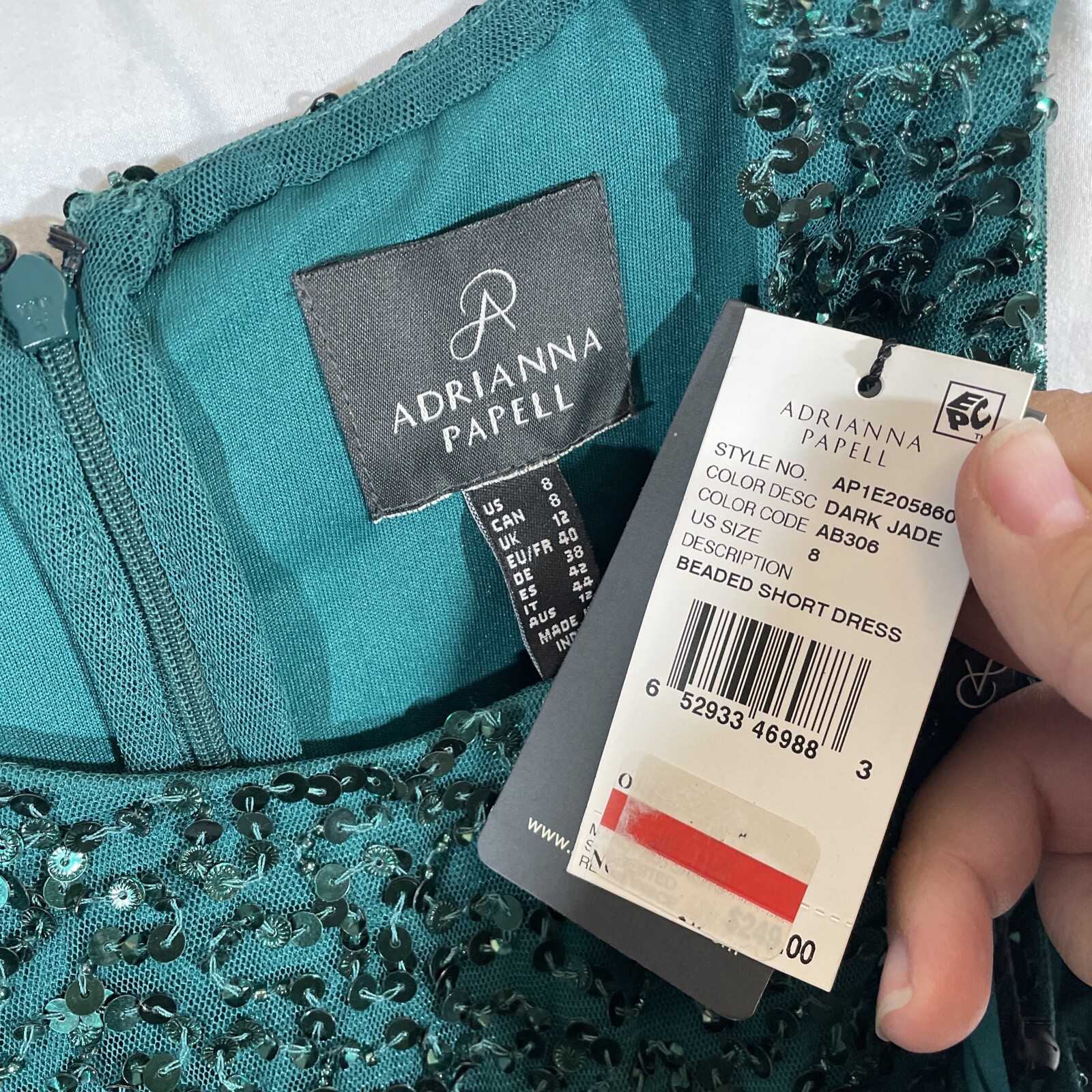 NWT Adrianna Papell [ 8 ] Beaded Short Dress in Dark Jade Green #G837
