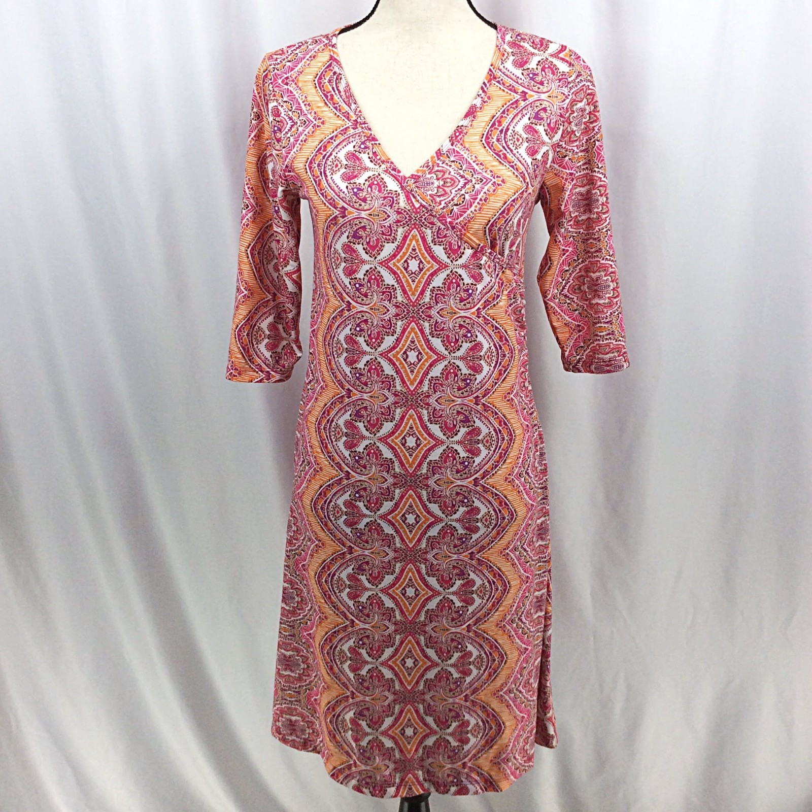 Prana Nadia Veeda Dress Women’s Size Medium Pink Orange Printed Faux Wrap