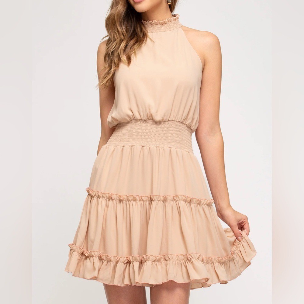 Amazon NWT Taupe Halter Neck Smocked Sleeveless Dress Sz L