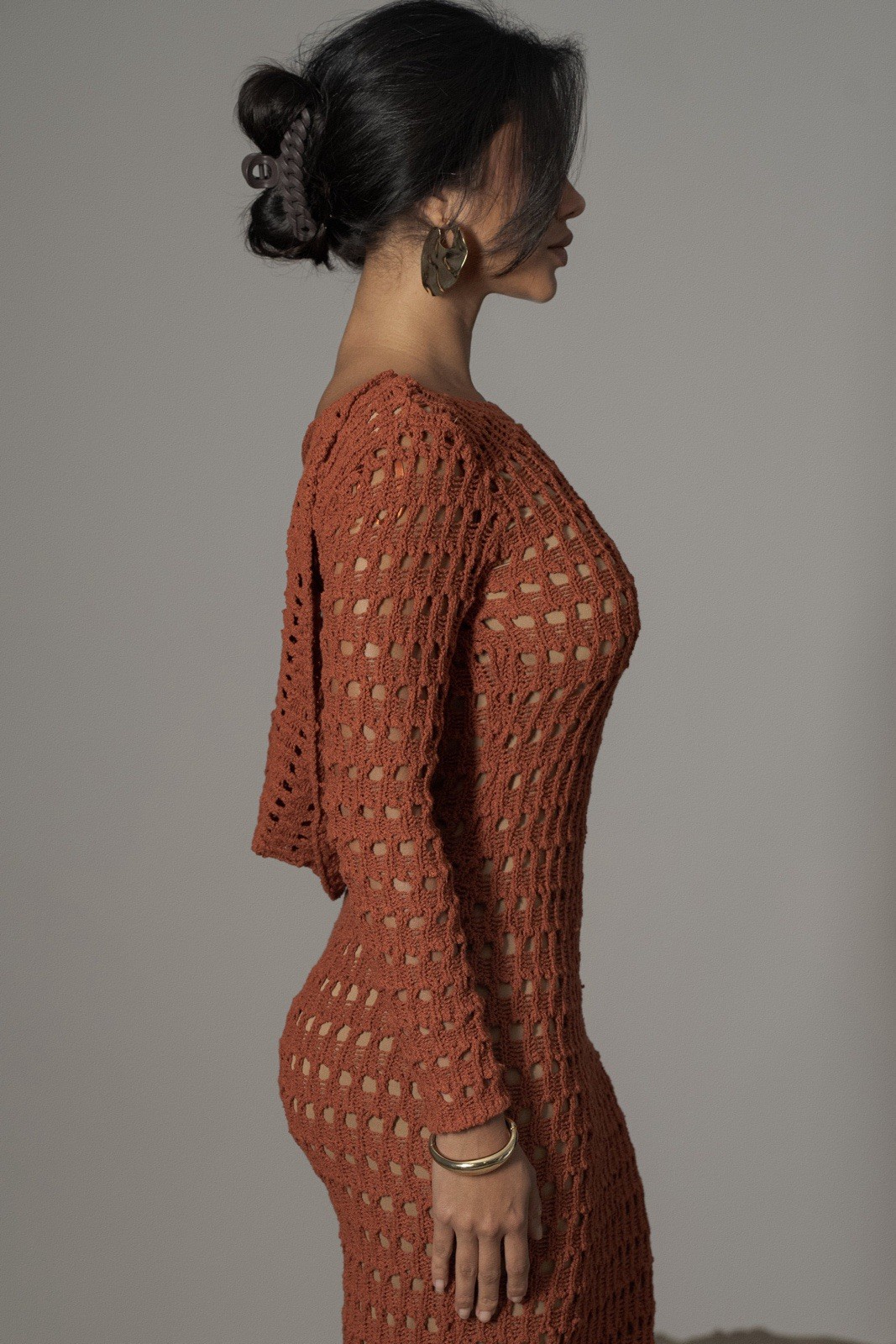 JULIANA Brown Crochet Open Knit Backless Boat Neck Long Sleeve Midi Dress S