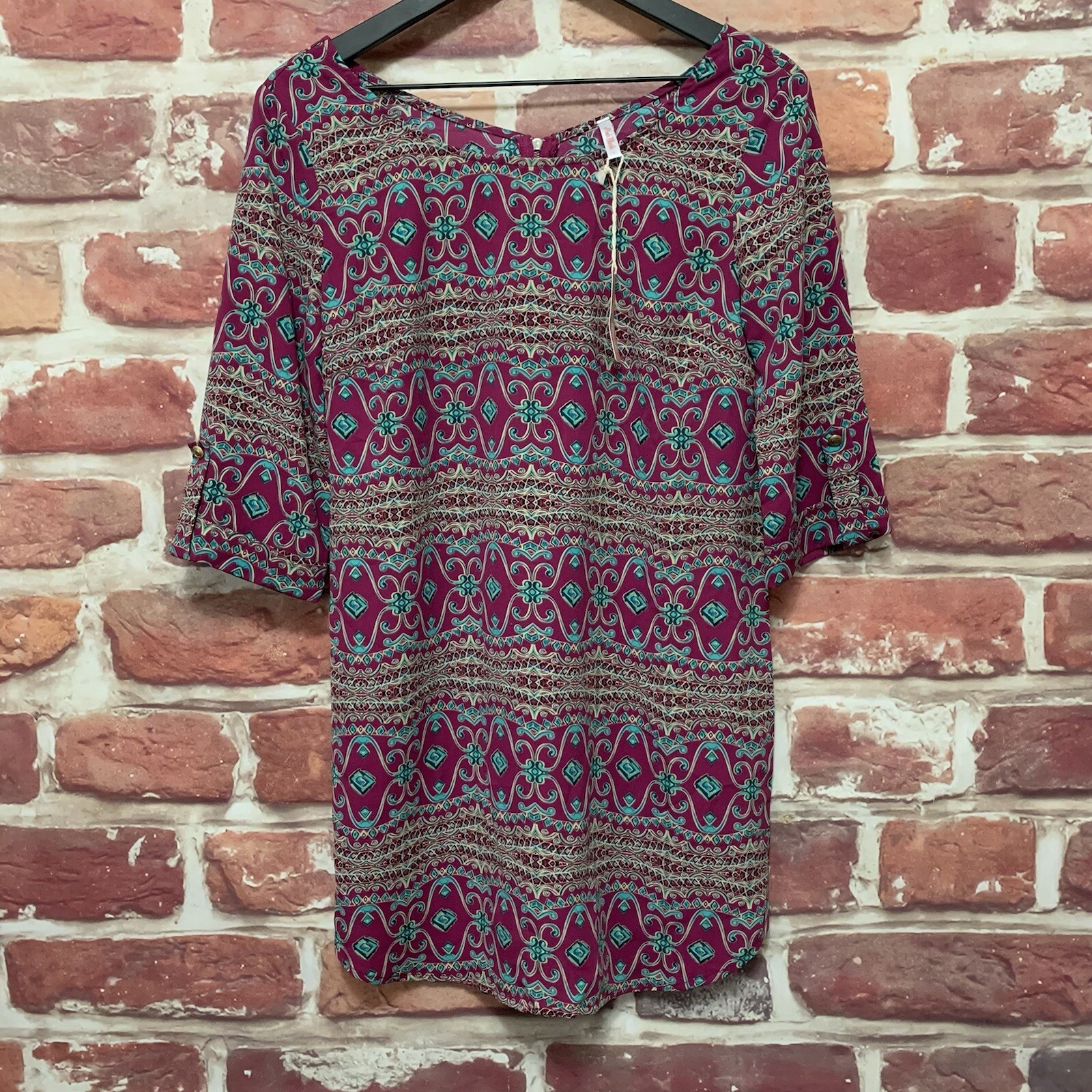 Pink Blush Dress Womens Small Purple Aqua Blue Multicolor Boho Abstract Zip Up