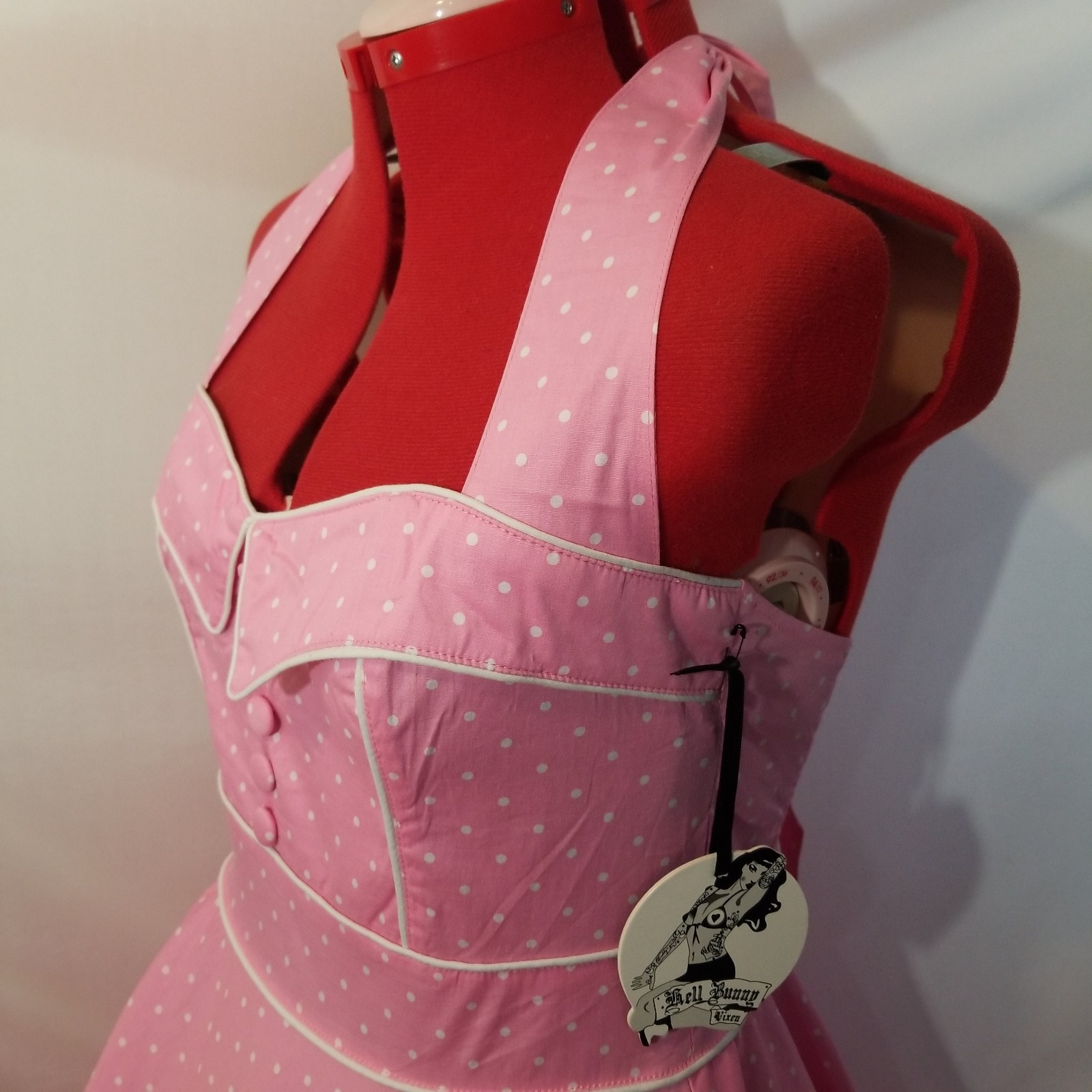 SMALL FLAWS Hell Bunny L Pink & White Polka Dots Halter Dress Rockabilly #2