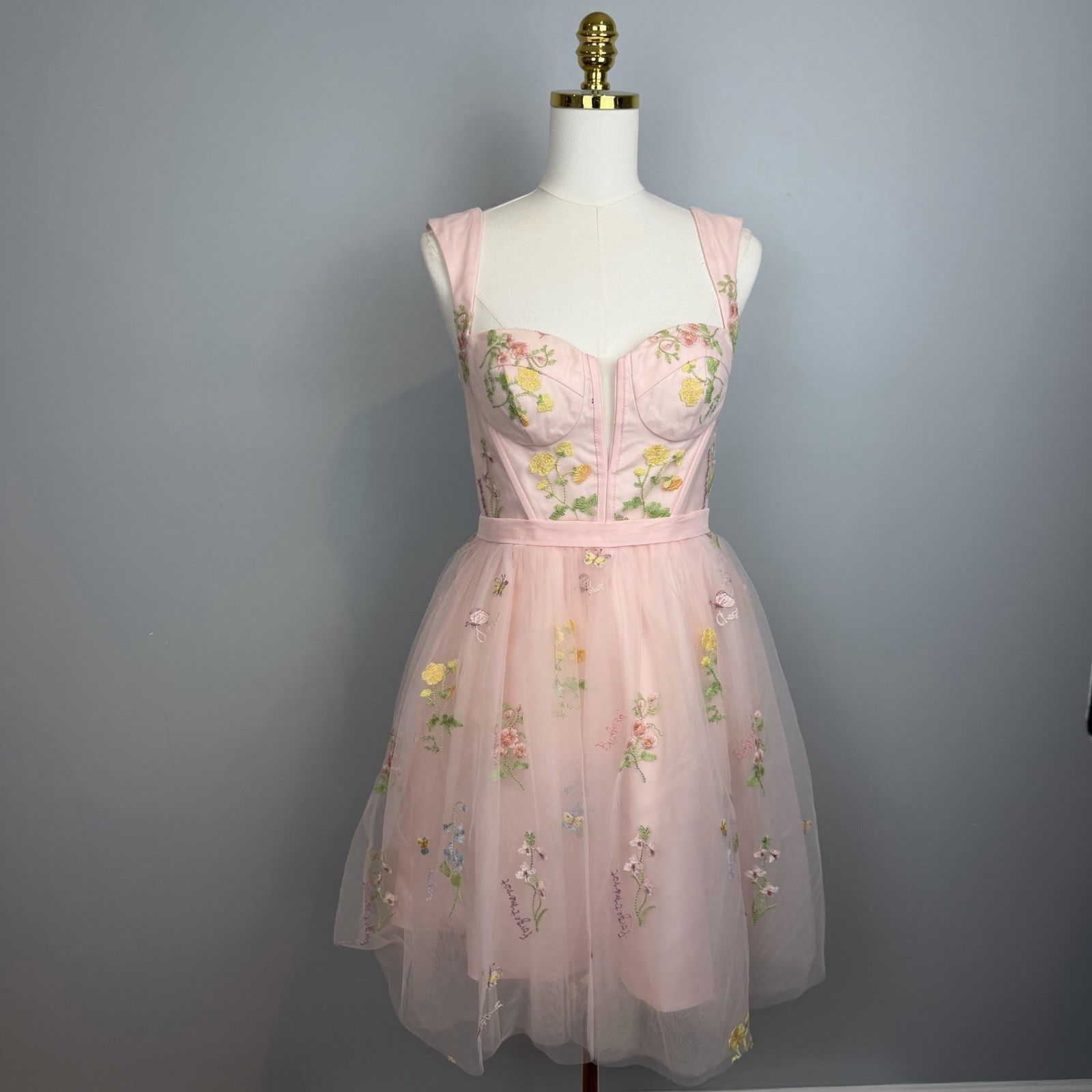 Pink Tulle Mini Dress Fairycore Lace-Up Corset Romantic Embroidered Floral Sz 8