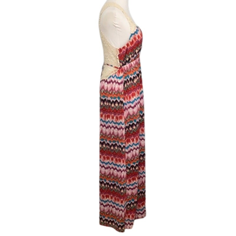 Karlie Red Maxi Dress Medium Multicolor Crochet Open Back Boho Festival Chevron