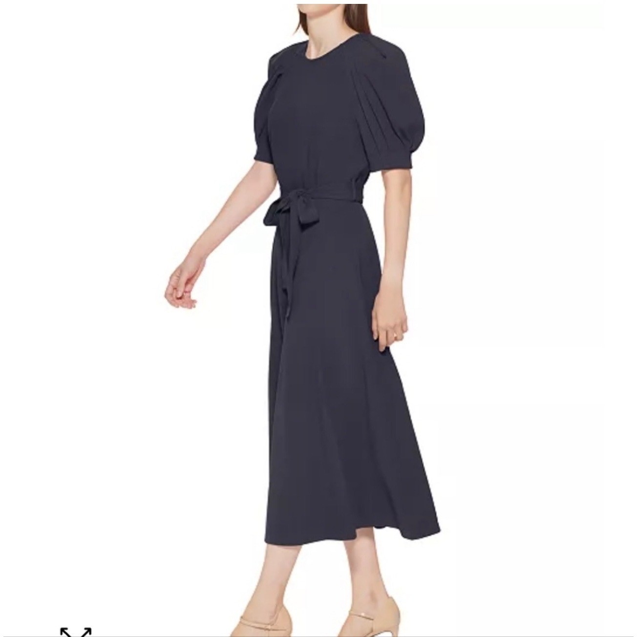Calvin Klein Navy Puff Sleeve Belt Tie Waist Midi Dress Size 14W Altered Hem