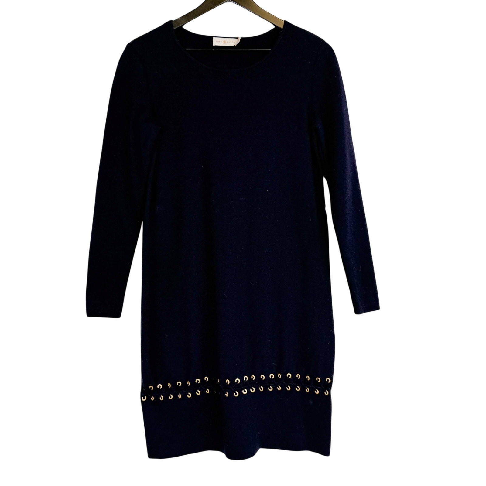 Tory Burch Harley Dress Grommet Lace-up Mini Wool Sweater Dress Navy Blue – S
