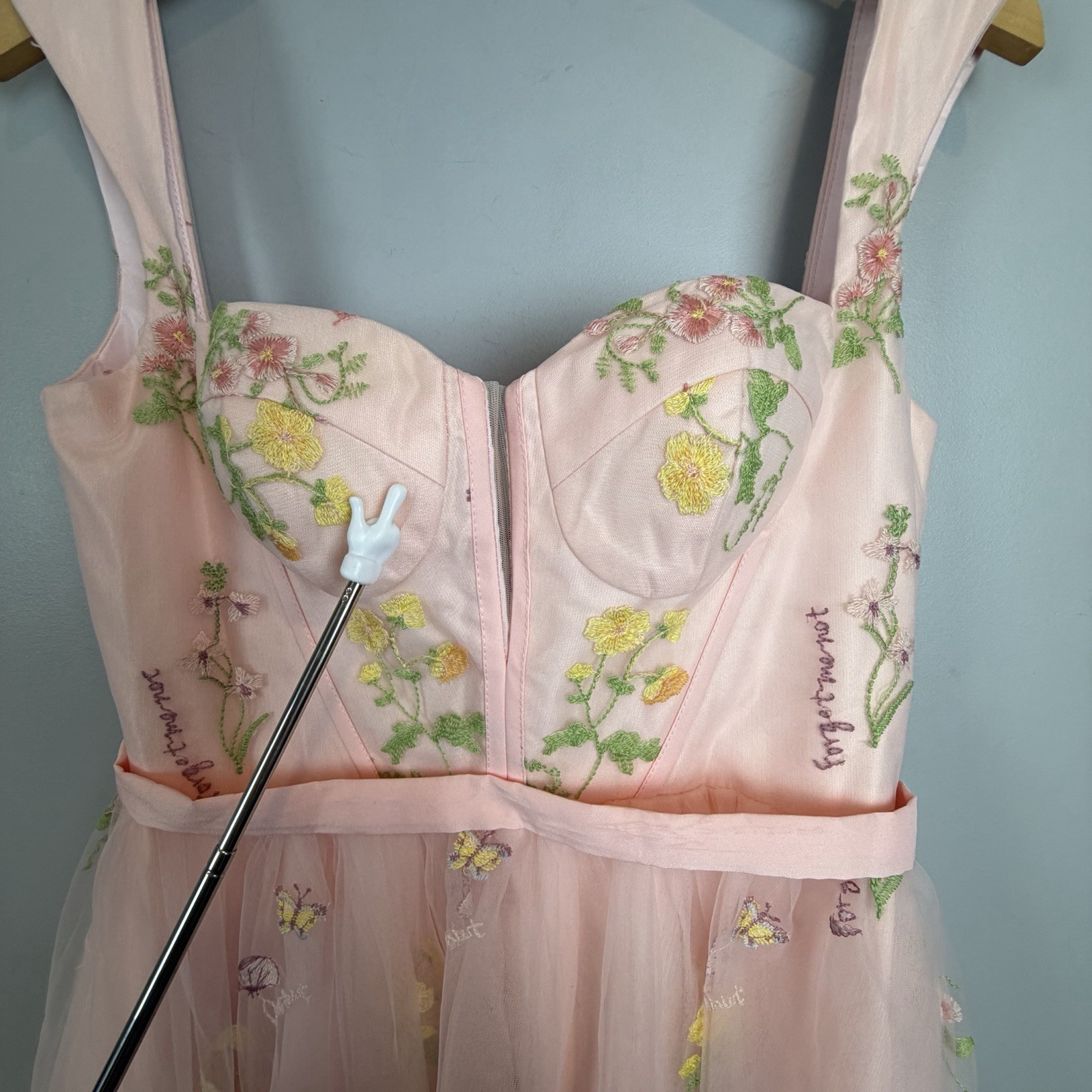 Pink Tulle Mini Dress Fairycore Lace-Up Corset Romantic Embroidered Floral Sz 8