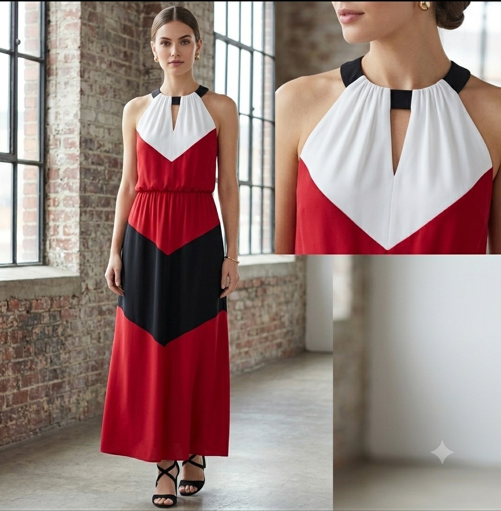 White House Black Market XXS Red/White/Black Colorblock Halter Sleeveless Maxi