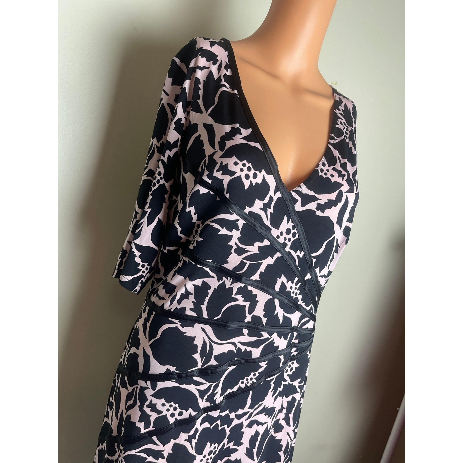 Connected Apparel Womens Pink Black Floral Faux Wrap Midi Dress Elbow Sleeve 12