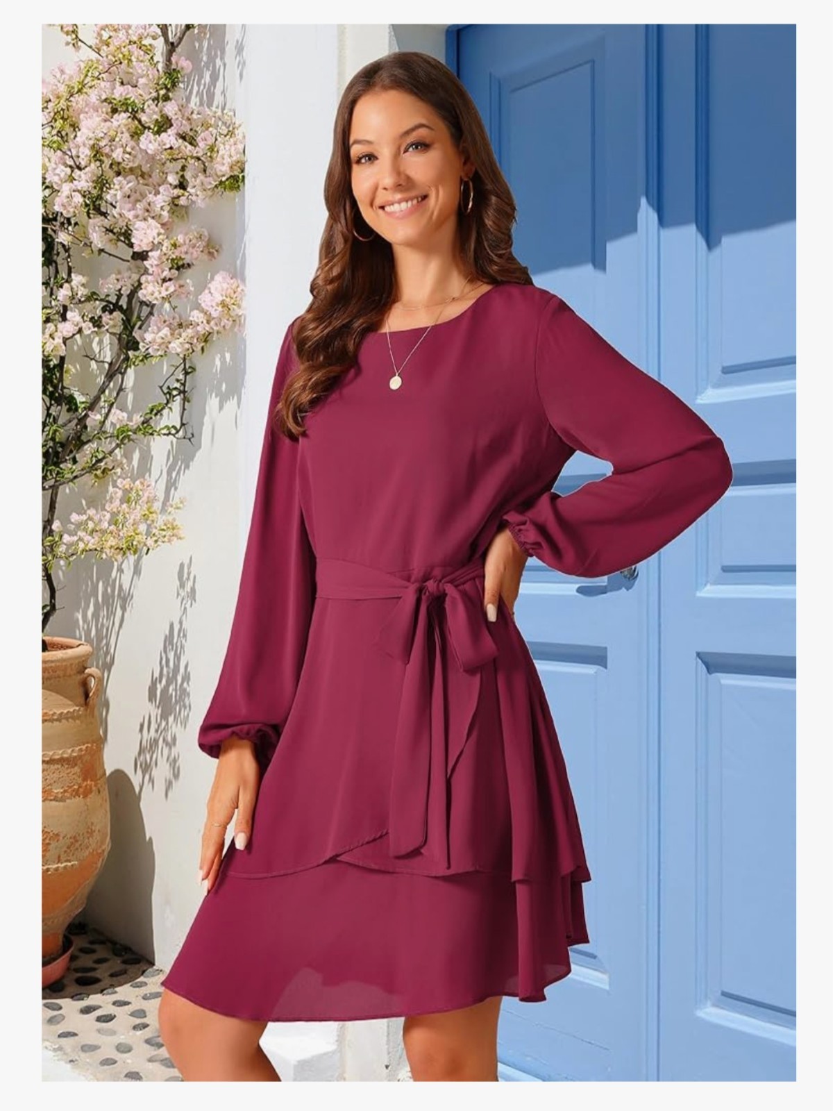 Seta T Fall Dresses Round Neck Long Sleeve Waist Tie Ruffle Mini Swing Skater