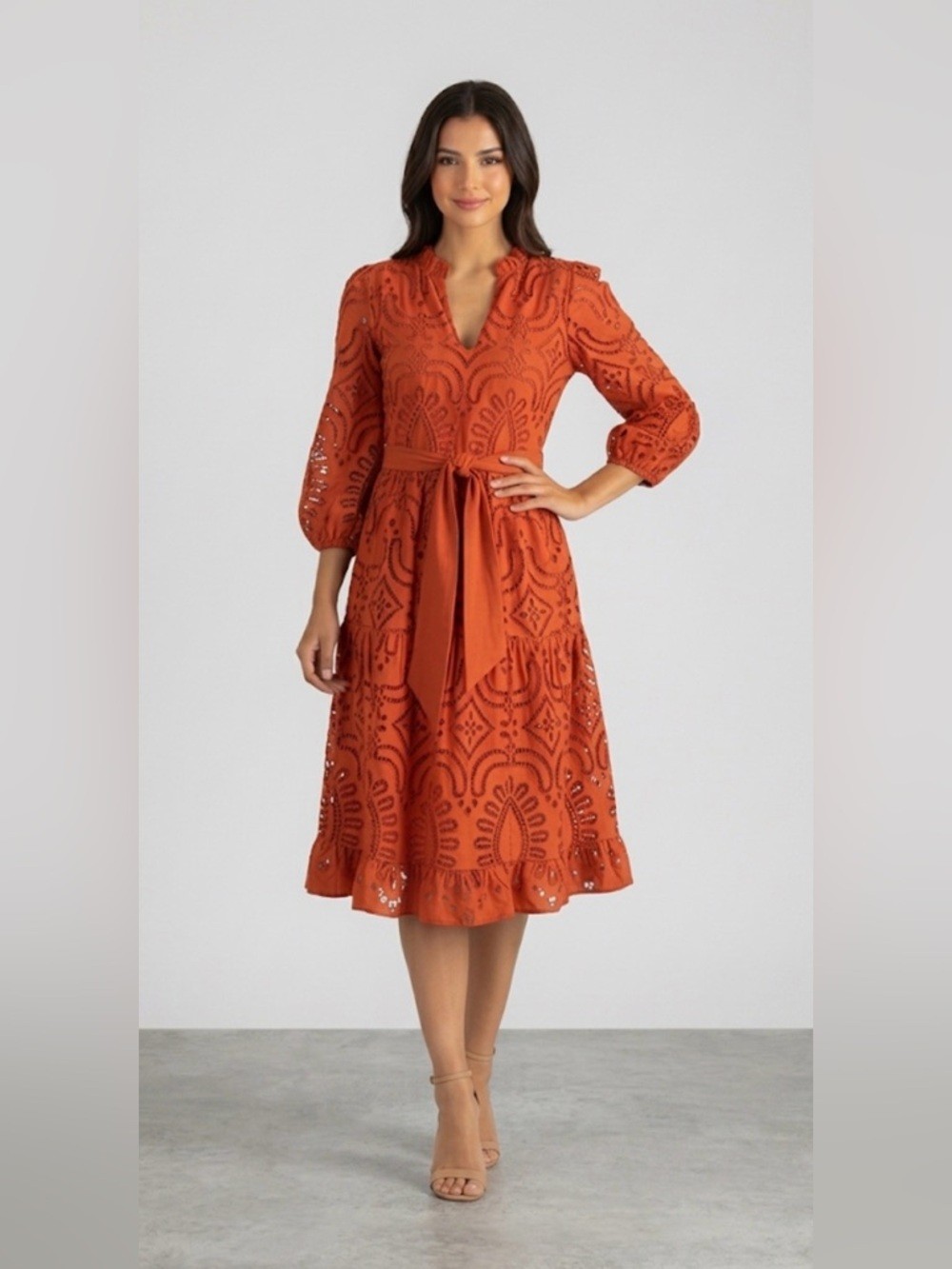 Shoshanna Pia Tiered Blouson-sleeve Eyelet Dress In Persimmon‎