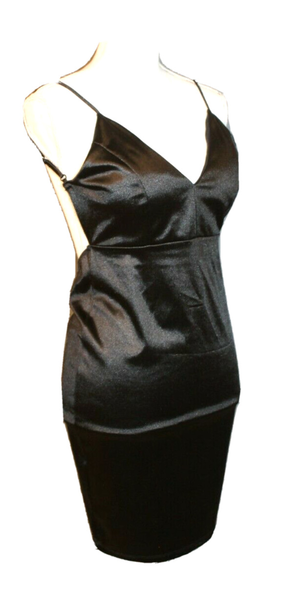 BOZZOLO SHINY BLACK DRESS BODYCON SIZE MEDIUM SPAGHETTI STRAPS OPEN BACK SHORT