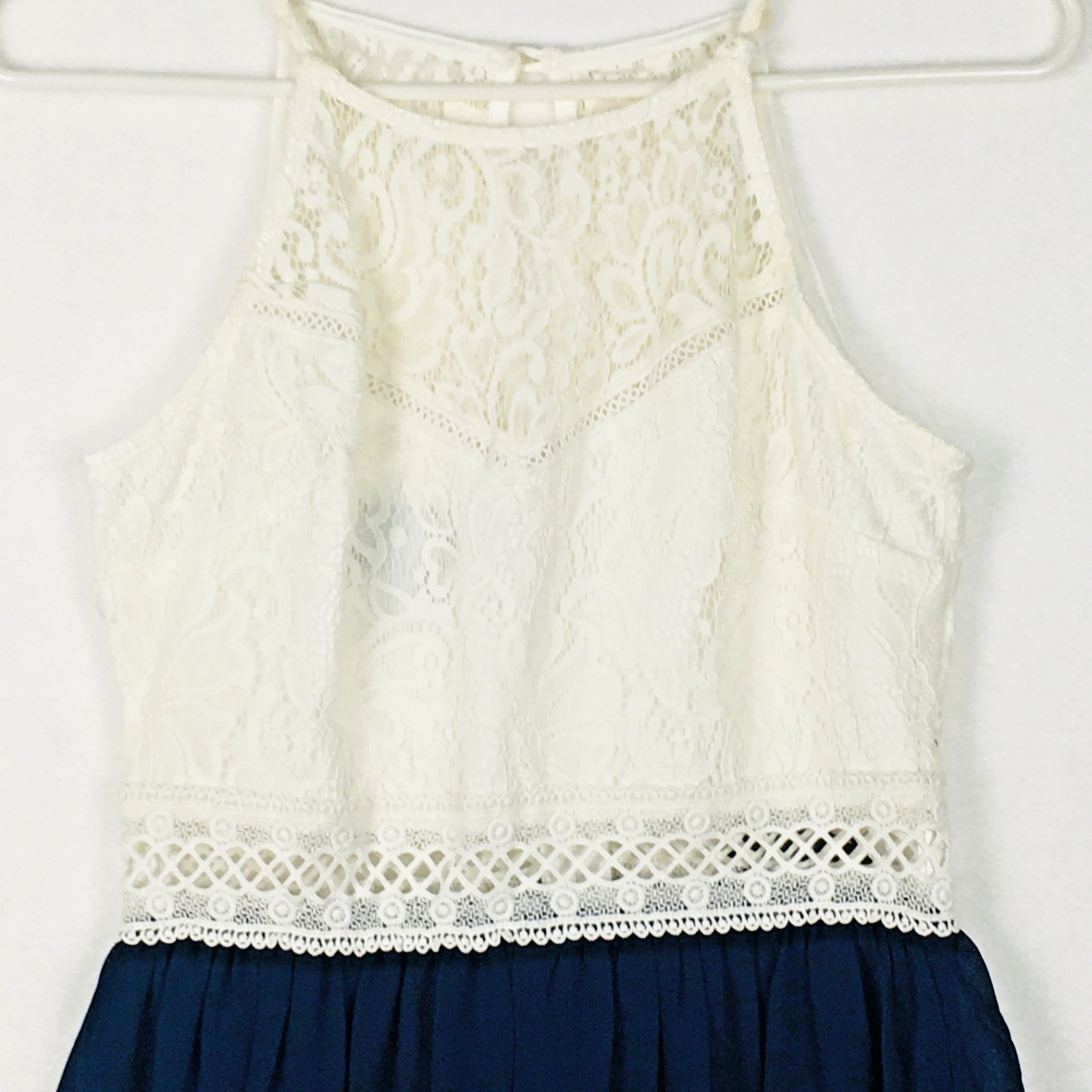 By & By Sleeveless Dress Juniors 7 Lined Navy Blue and Ivory Lace NEW