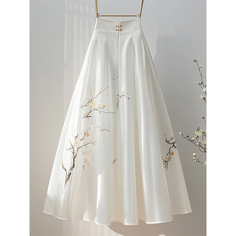 Elegant Temperament Chinese Style Printing Solid Color Skirt Women Spring Summer