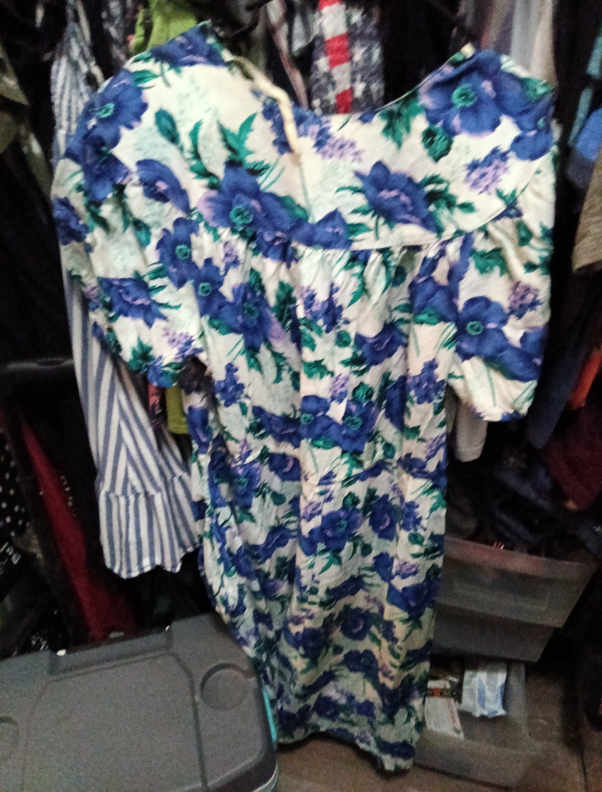 Women’s L Cotton Woven Floral A-Line Midi Dress V-Neck Puff Sleeve Buttons