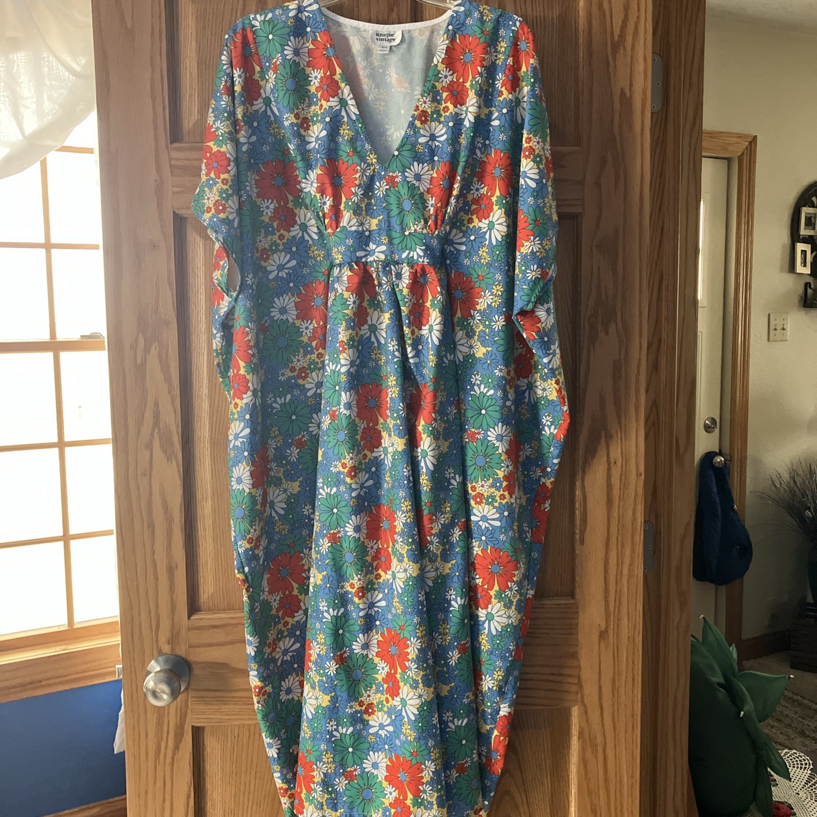 NWOT “Unique Vintage” Brand Mod Floral Boho Kaftan Mu Mu Dress Sz OS Mrs Roper!
