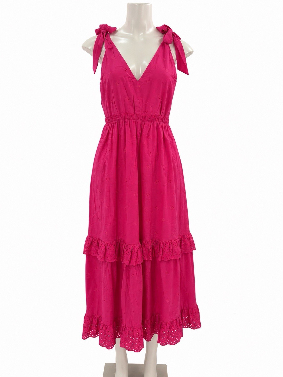 AQUA Hot Pink Eyelet Cotton Midi Dress V-Neck Tie Strap Ruffle Hem M