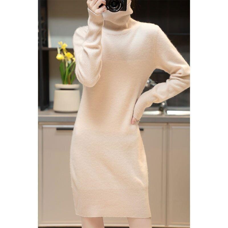 Knitted Cashmere Sweater Women Wool Turtleneck Long-Sleeve Slim Mid Length Dress