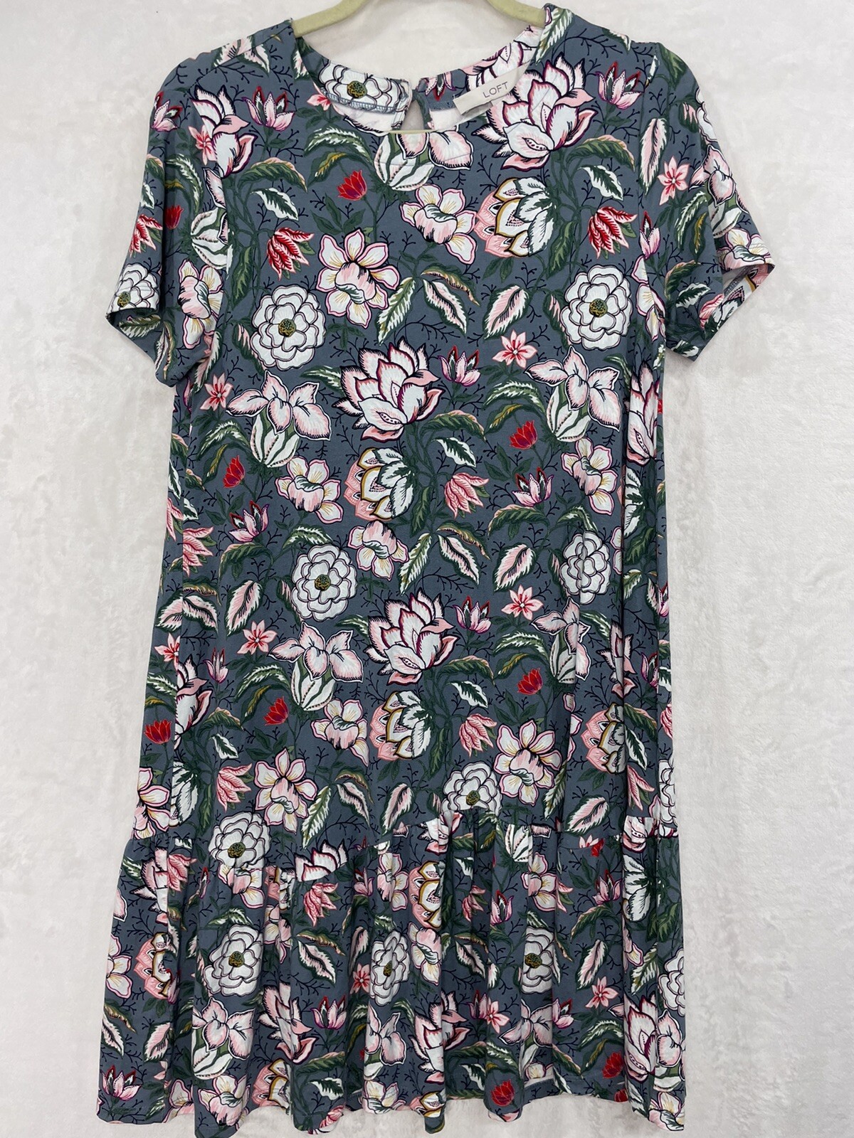 Loft Floral Flounce Swing Dress Jersey Knit Ruffle Hem Women S Blue Pink NEW