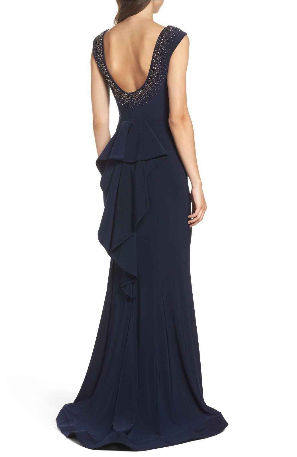 NEW Xscape Beaded Ruffle Back Jersey Trumpet Gown Navy [ 2 ] #e306