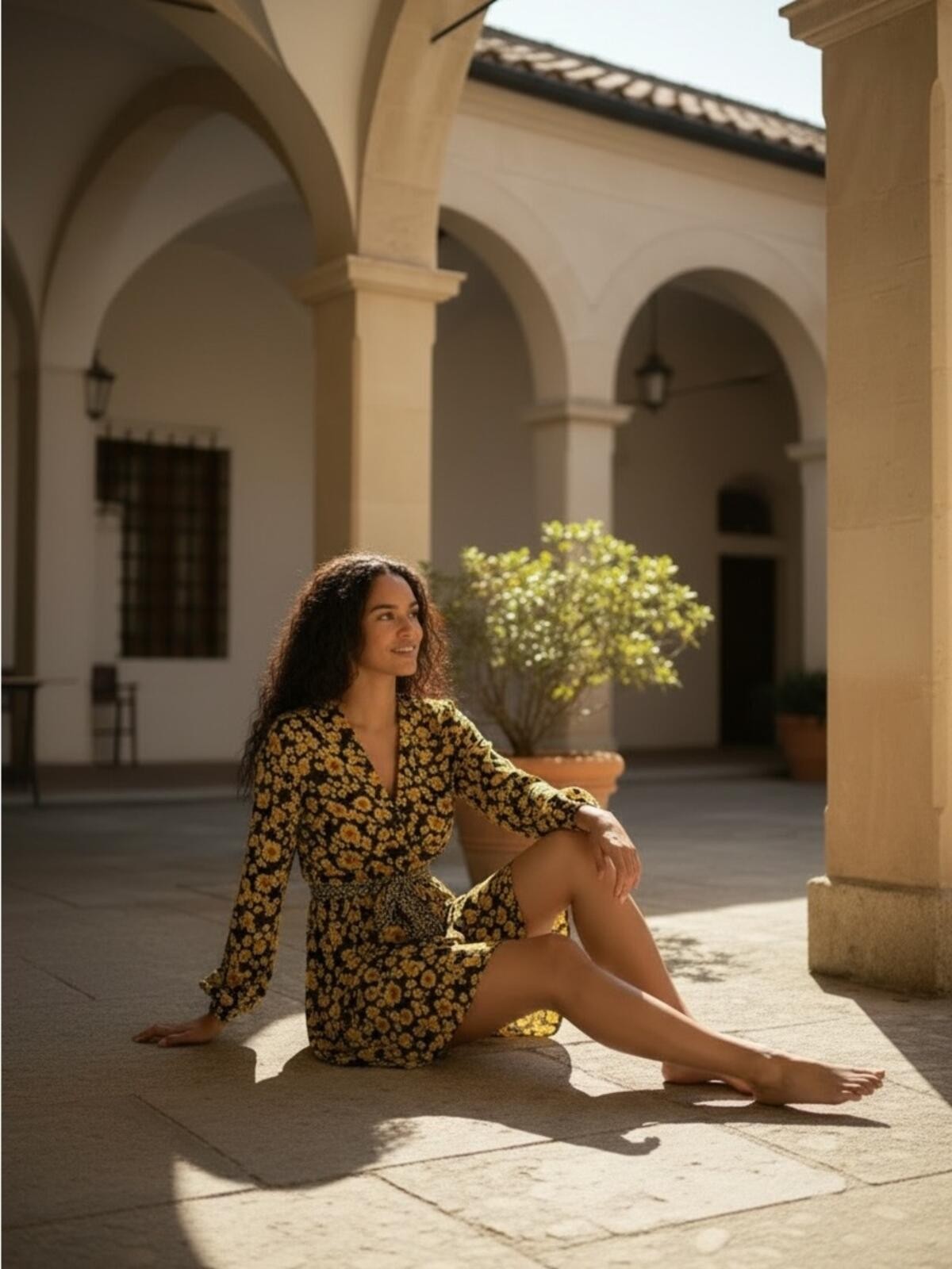 Free People Black Tunic Mini Dress with Yellow Floral Print