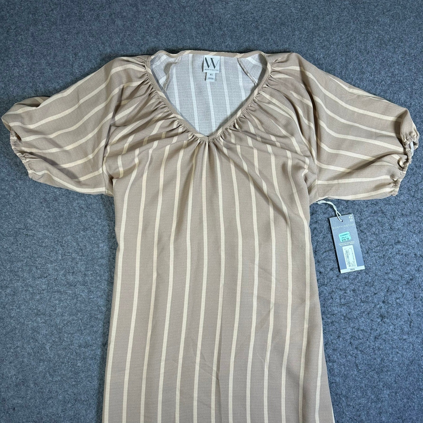 Worthington Womens XS Tan Striped V-Neck Puff Sleeve Tie-Waist Dress NWT