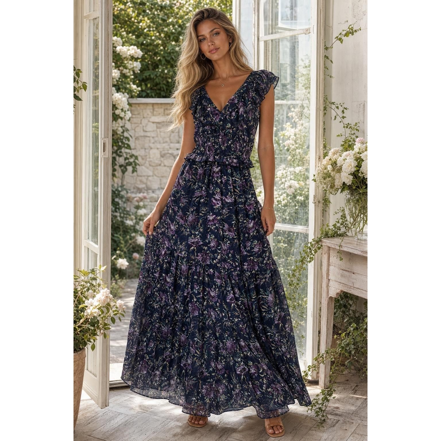 Mellowday Maxi Dress Women’s M Navy Purple Floral Cottagecore Prairie Romantic
