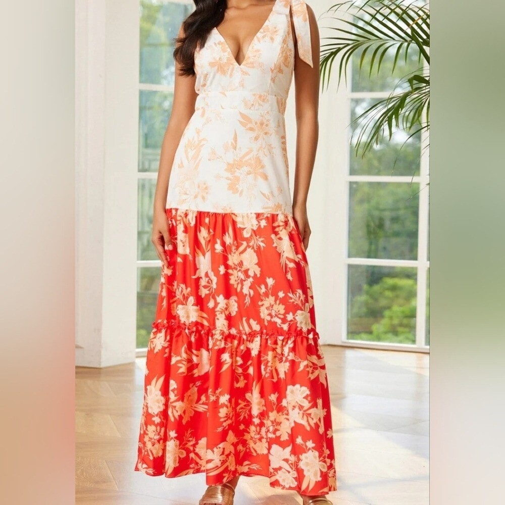 Chicways Boutique Floral Maxi Dress with V-Neck Size M New Colorblock Tiered