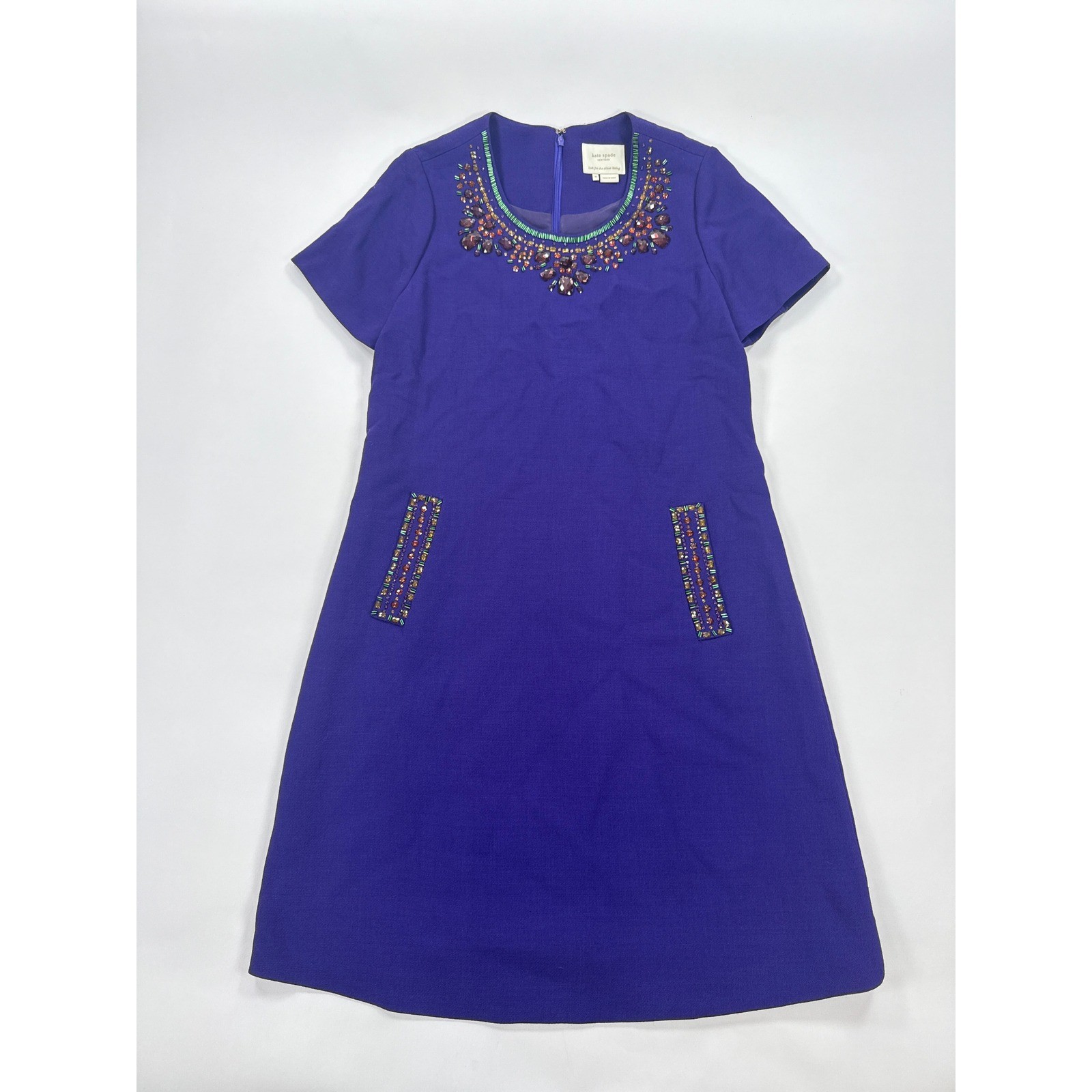 Kate Spade New York Gail Jeweled Shift Dress Womens 10 Purple Wool Embellished
