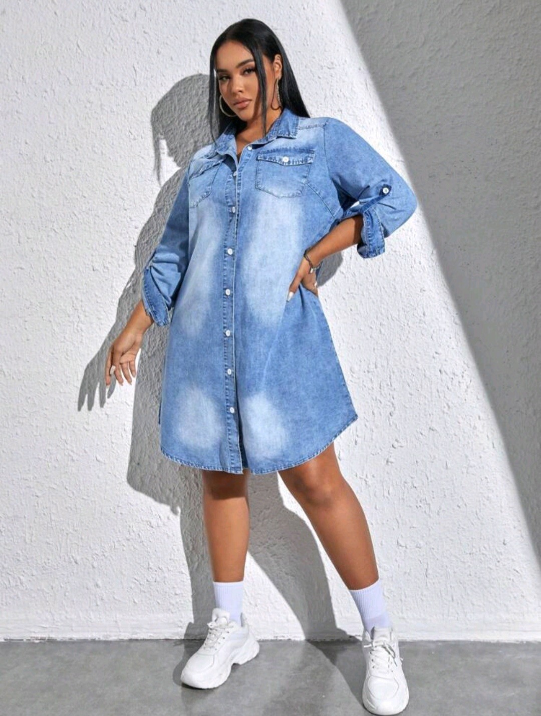 SHEIN CURVE Front Button Pocket Mid-Length Sleeve Minimalist Short Denim Dress