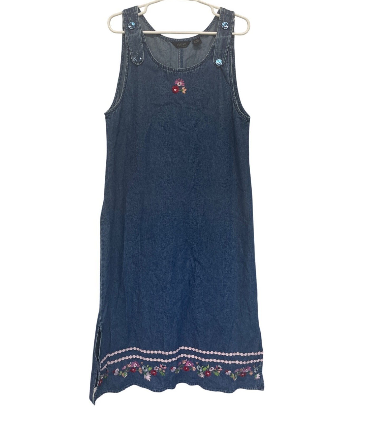 Vintage Denim Floral Embroidered Sleeveless Dress With Button Strap Womens M