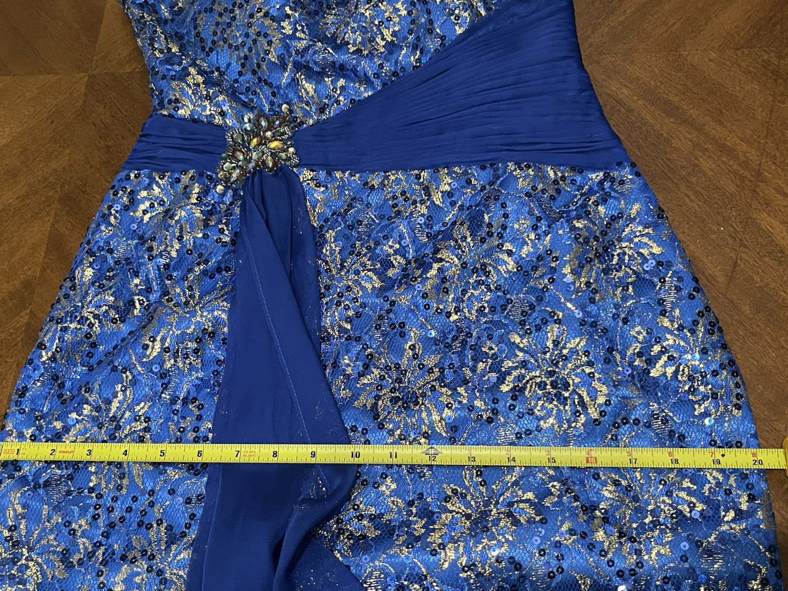 Dancing Queen 6 Royal Blue & Gold Beaded One Shoulder Dress Prom Formal Vintage
