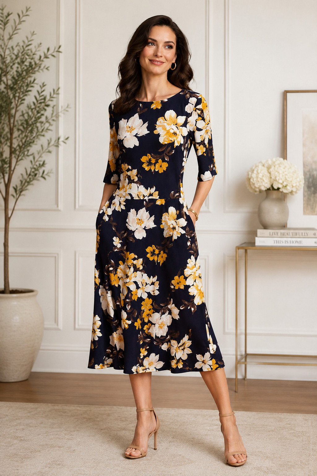 NWT Alyx Navy Floral Midi Dress Size 14 Yellow White Print Career Casual
