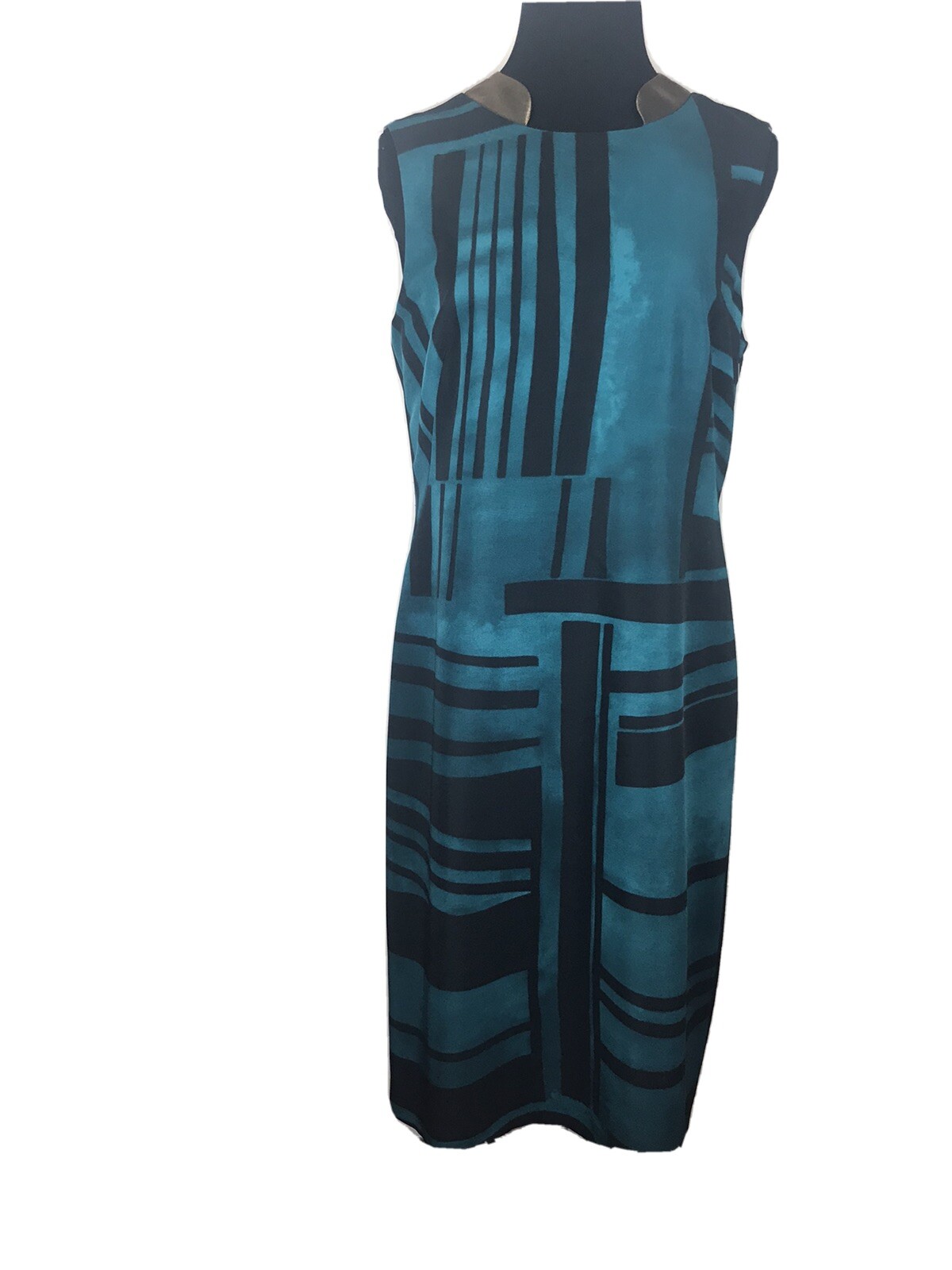 Anne Klein Size 10 Sleeveless Stand-Up Collar Teal/Green Black Gold Dress $129