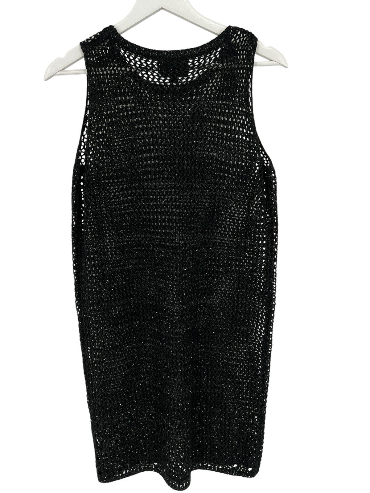 Line & Dot Sweater Dress Cover Up Black Shimmer Crochet Sleeveless Eyelet Size L