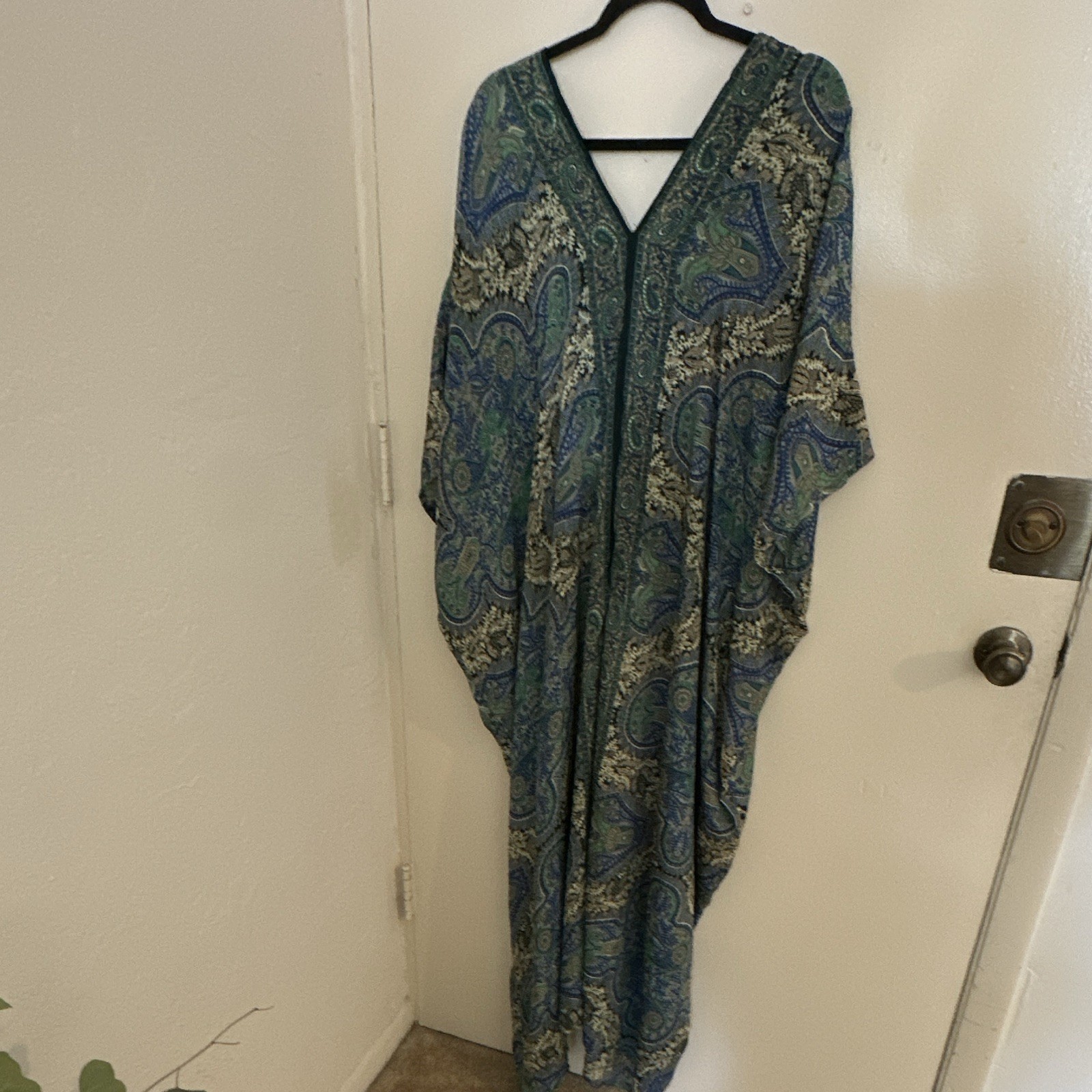 Swarna Silk Viscose Chiffon Paisley Blue Green V-Neck Long Kaftan One Size