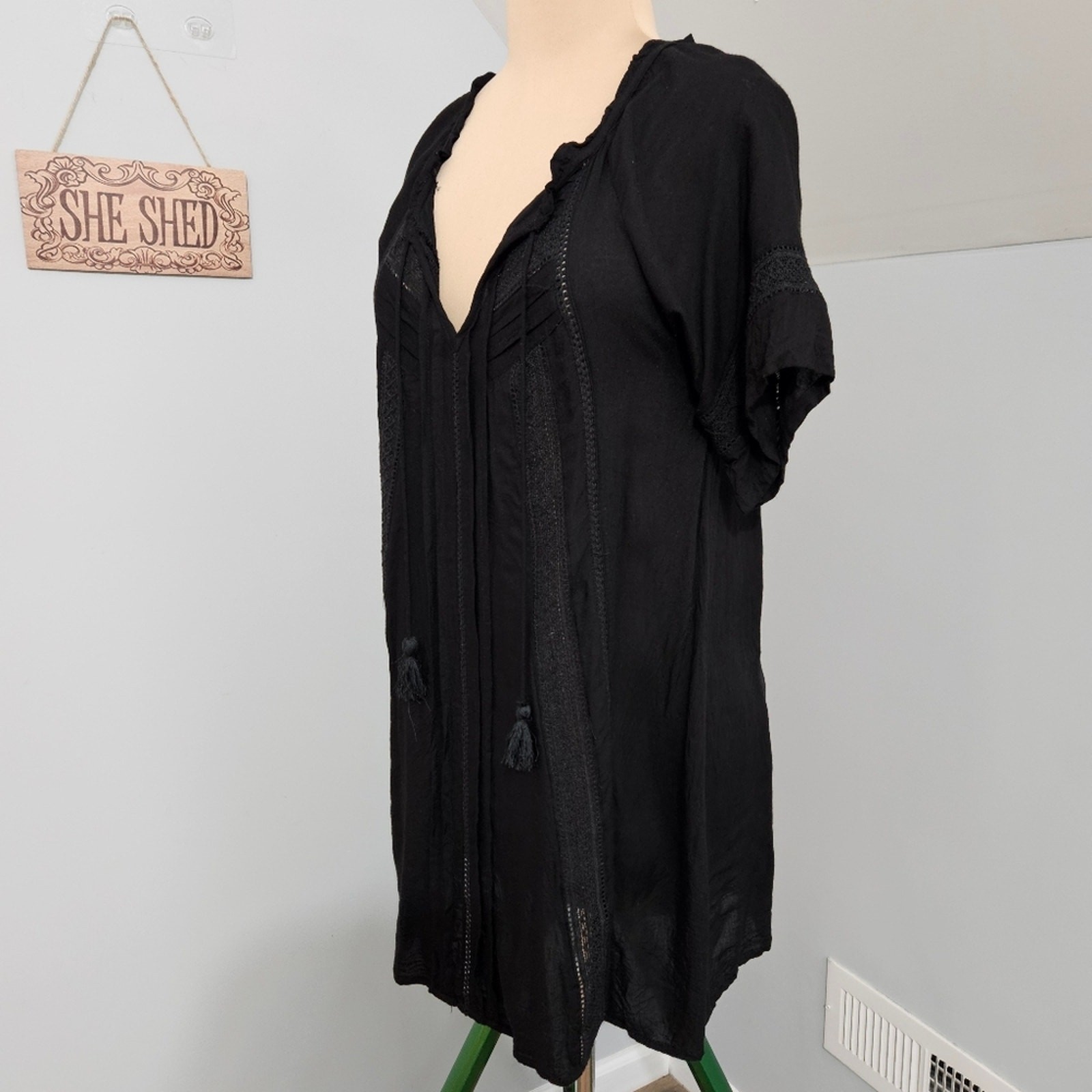 Lagaci Black Boho Embroidered Rayon Tunic Dress Peasant V Neck L Boho Gothcore