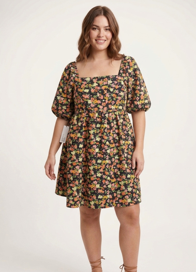 NOBODY’S CHILD New Floral Cotton Babydoll Dress Puff Sleeve Square Neck US 10