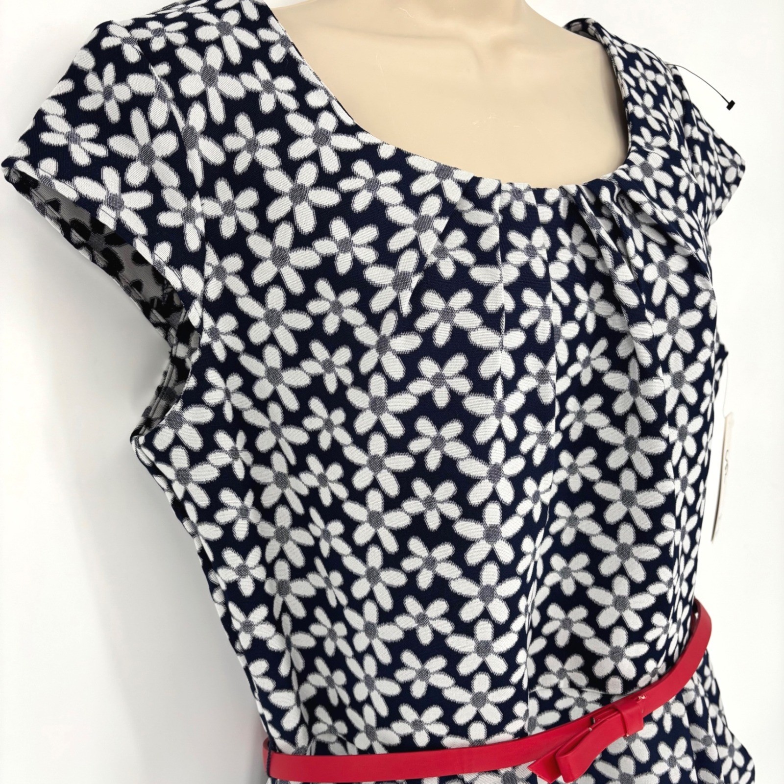 Shelby & Palmer Navy White Floral Sheath Dress with Red Belt Pockets Size 14 NWT
