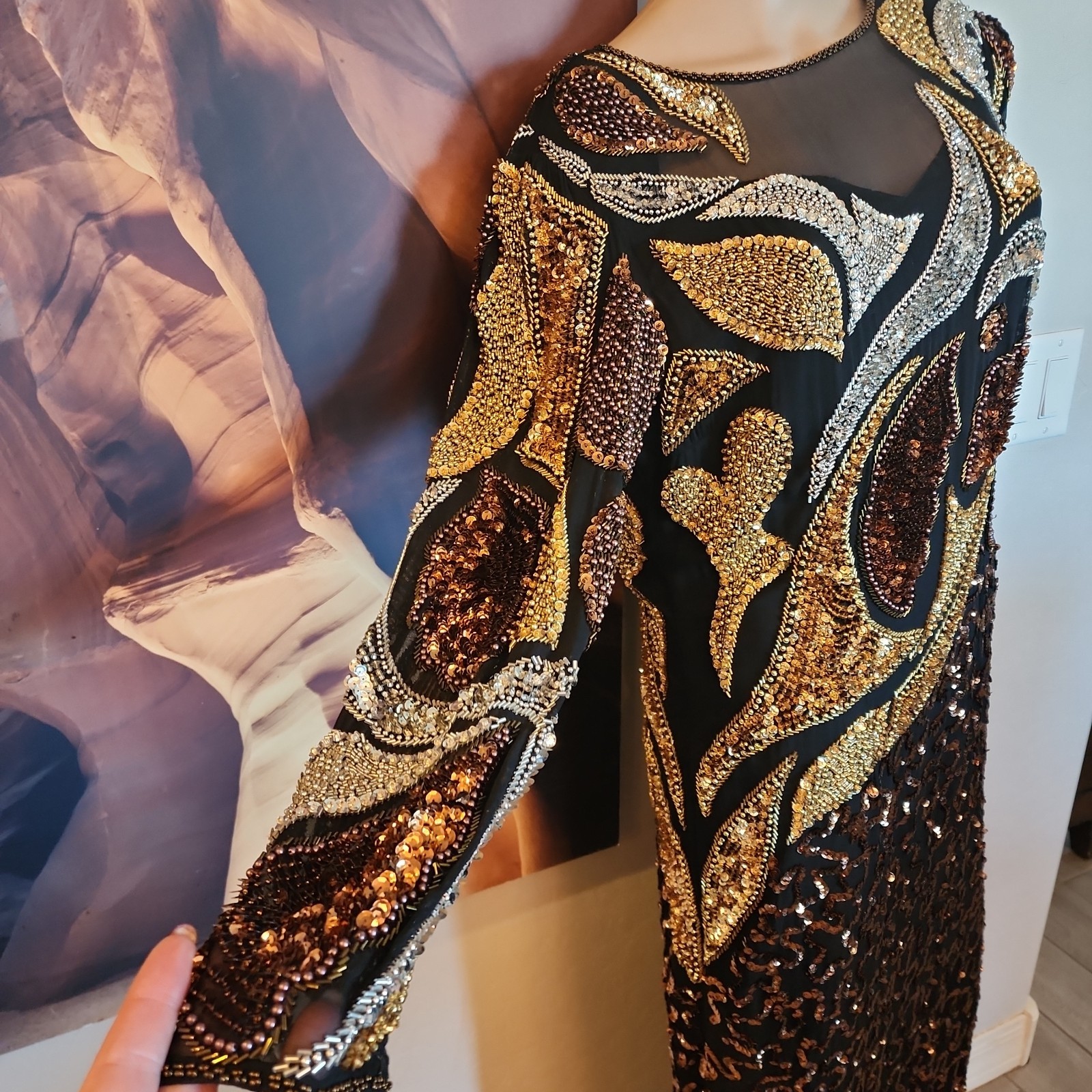 Shomax Originals Sequin Beaded Formal Silk Gown M Black Gold Long Sleeve Fringe