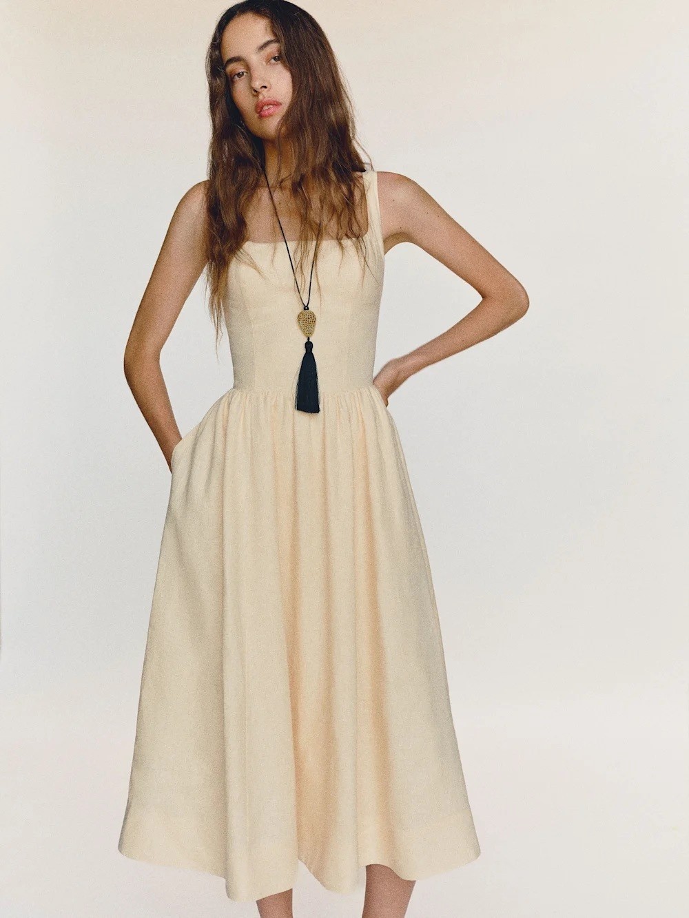 NEW Reformation Janu Square Neck Midi Linen Dress Sugar Light Yellow US 0 UK 4