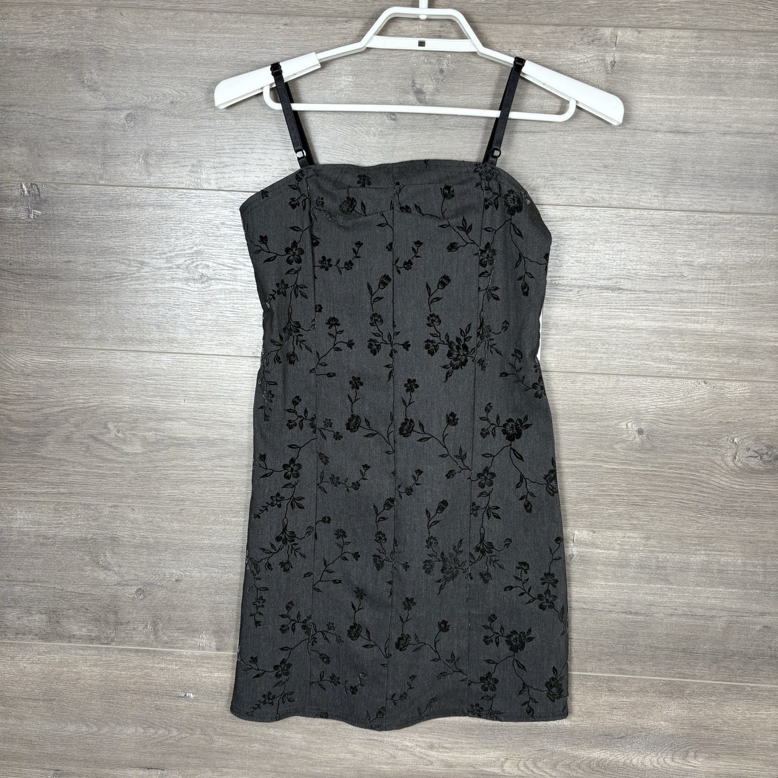 Vintage Ultra Flirt Women Small Mini Dress Thin Strap Floral Velvet Black Gray