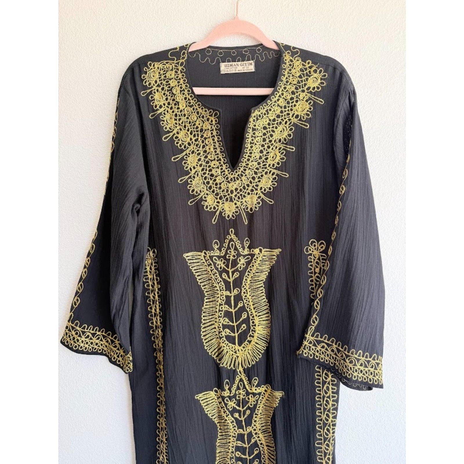 Uzman Giyim 100% Cotton Embroidered Kaftan in Black & Gold Embroidery size XXL
