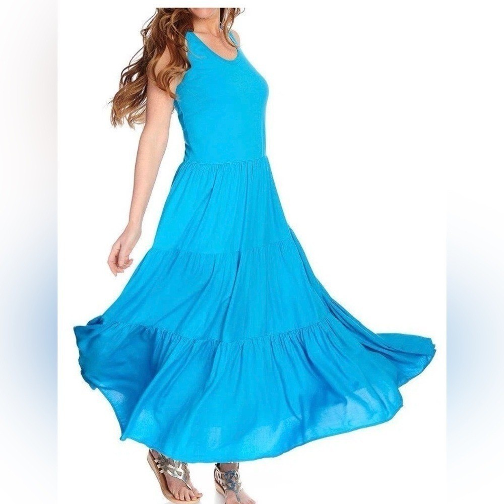 OSO Womens Blue Sleeveless Maxi Dress Picnic Medium Cotton Flowy Resortwear Chic