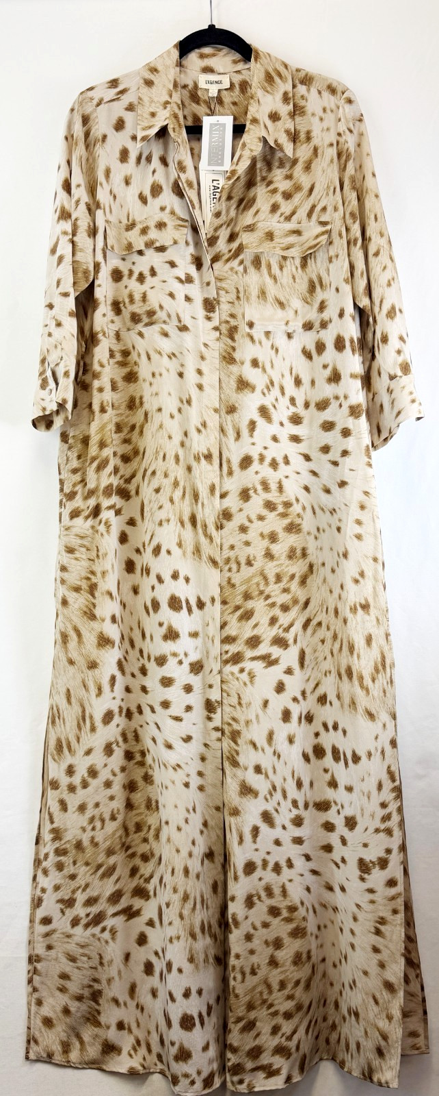 NWT L’AGENCE Cameron Silk Collar Dress Cacao Leopard Rope Belt Sleeves L Large