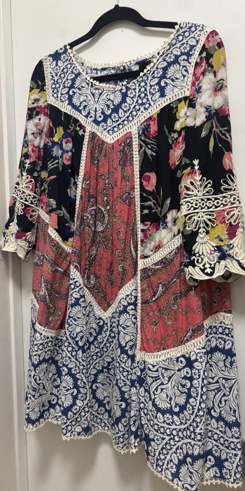 Vanessa Virginia Multi Floral Patchwork Lace Embroidered Trim Bohemian Dress 8P