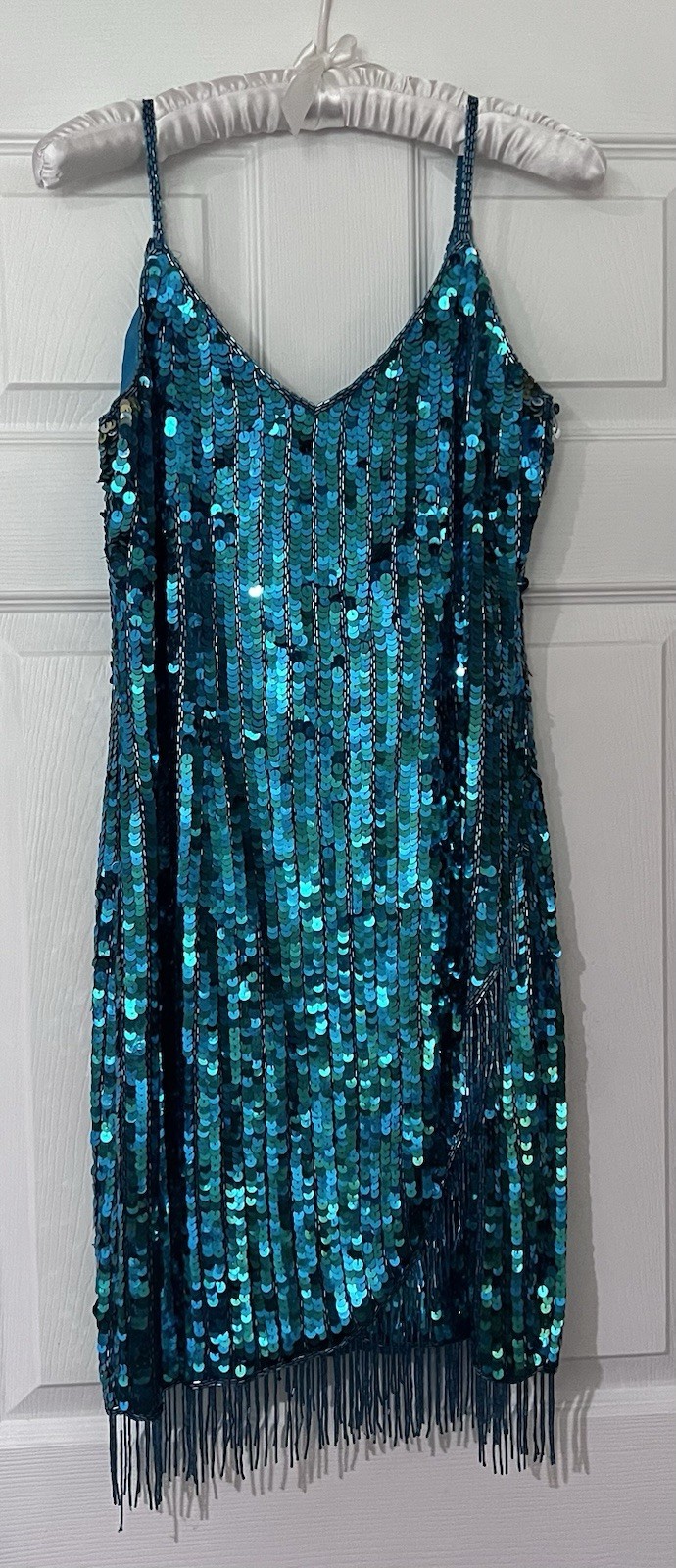 Vtg Silk Hand Beaded Sequin Fringe Cocktail Dress Teal Peacock Blue Y2K M