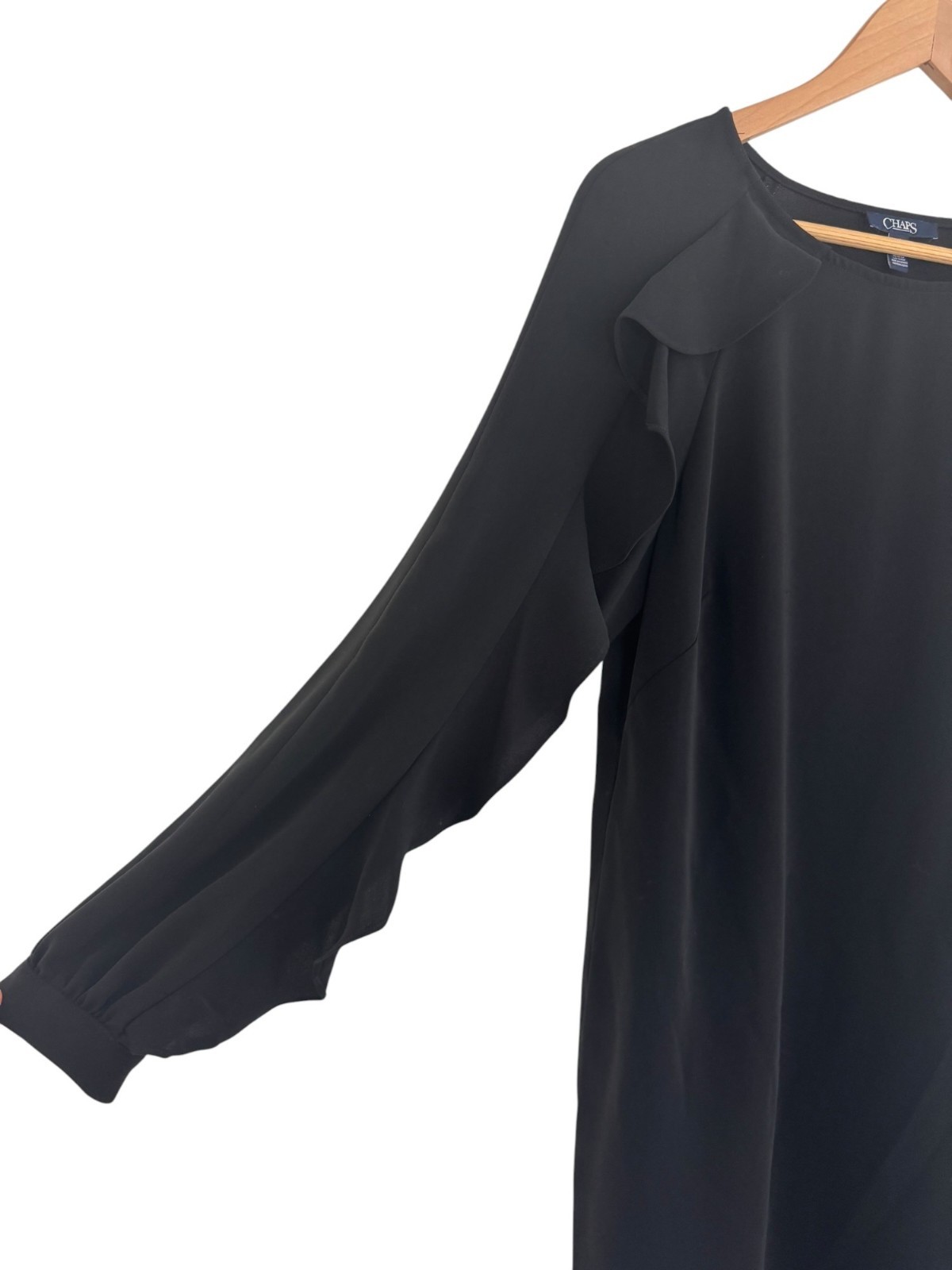 Chaps Black Ruffle Long Sleeve Shift Dress Size 12 Classic All-Season Wedding